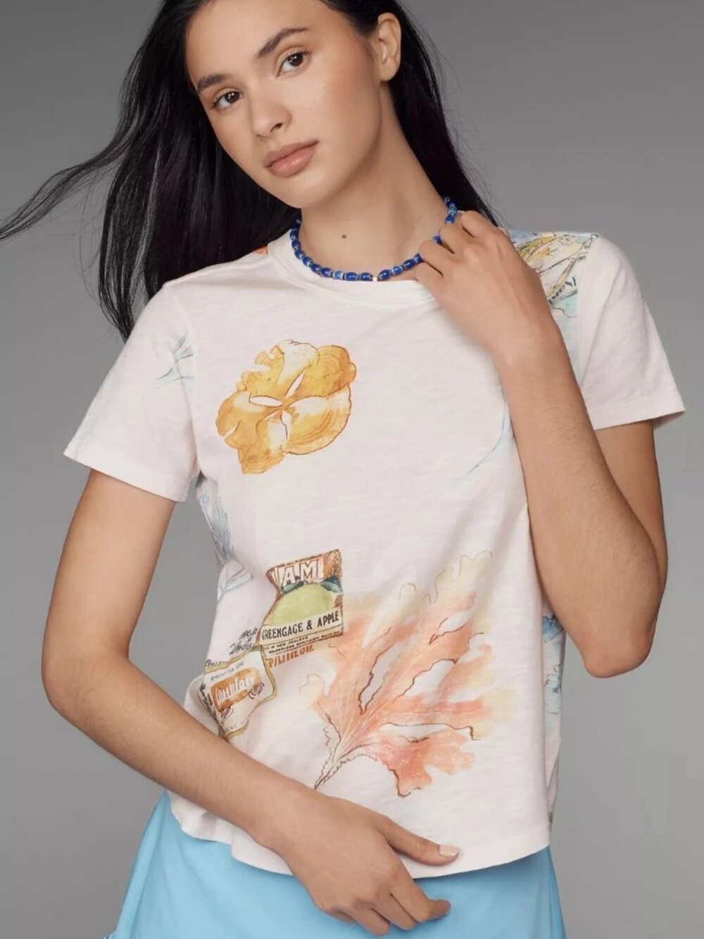 By Anthropologie Pilcro Bennie Cotton Slim Watercolor Crew Neck Tee Top L 289616
